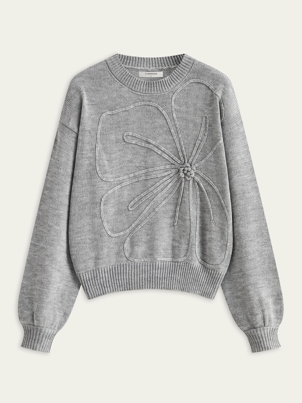 Commense Gray Crewneck Sweater with Floral Applique